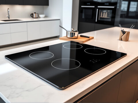 Modern sleek kitchen with a black induction cooktop in a stylish contemporary space featuring white cabinets and minimalistic design