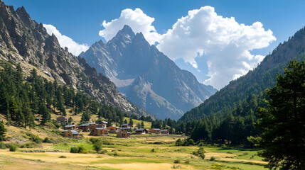 Fototapeta premium Mountain village nestled in a valley with lush green trees and a towering peak in the background.