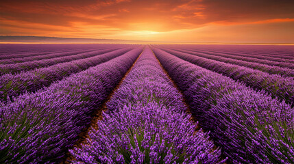 Obraz premium Rows of lavender plants in a field at sunrise.