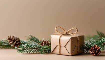 Rustic wrapped gift box with twine bow and natural pine decorations with copy space