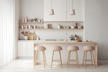 Modern Kitchen Island with Pink Stools and White Cabinets