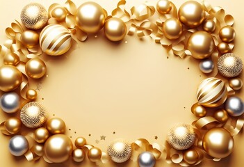 Elegant Christmas baubles and ribbons in gold and silver forming festive frame with copy space
