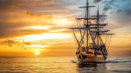 Fototapeta premium Ancient greek merchant ship sailing at sunset on calm sea