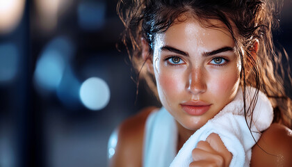 Beautiful Portrait of sexy young female in late 20s focused during gym workout white towel around neck wiping sweat. Soft, dramatic lighting highlights her face, muscles in moody atmosphere