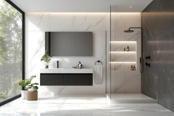 The modern bathroom showcases exquisite marble tiles, an uptodate shower, and minimalist decor that beautifully blend luxury with functionality, creating a serene and relaxing atmosphere