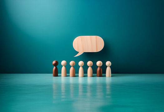 A row of wooden figures stand before a speech bubble, representing diverse voices and communication.