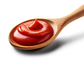  close-up tomato sauce on a wood spoon isolated