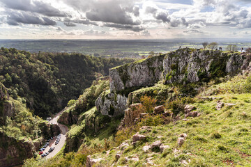 View from cliffs edge of winding road Cheddar Gorge in Somerset