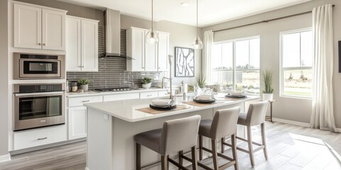 Fototapeta premium Modern Kitchen with White Cabinets and Breakfast Bar