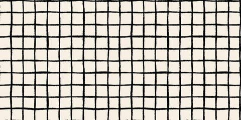 Vintage hand drawn rough grid seamless vector pattern with organic checkered squares, rustic off-white background with irregular distressed lines