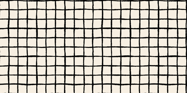 Vintage hand drawn rough grid seamless vector pattern with organic checkered squares, rustic off-white background with irregular distressed lines