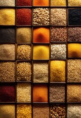 Fototapeta premium detailed close various raw grain types highlighting texture color neutral backdrop, barley, wheat, rice, oats, quinoa, millet, seeds, variety, natural