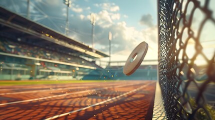 A close-up of a discus mid-air with the throwing circle and stadium in the background emphasizing the power and technique of the event