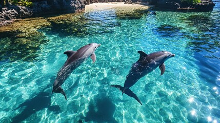 Obraz premium Two dolphins swimming near coral reef in clear blue water.