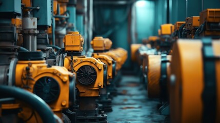 Industrial machinery with rows of yellow pump motors in a factory setting, conveying a sense of precision engineering in a controlled environment.