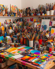 Naklejka premium A colorful and messy artist's studio with paint brushes, paint tubes, and canvases.