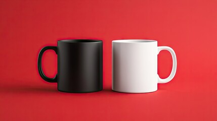 This image features a minimalist design with a white mug and a black mug placed on a striking red background, showcasing contrast and modern simplicity.