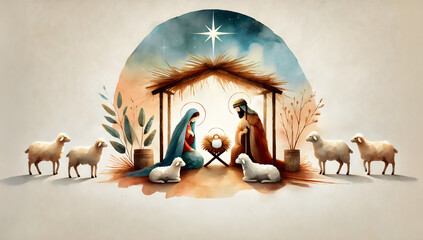 Nativity scene in Bethlehem. Watercolor painting. Christmas scene illustration showing holy family baby Jesus in the manger Mary and Joseph. Banner.Copy space