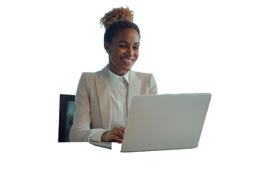 Smiling Businesswoman Working on Laptop in a Bright Office During the Day