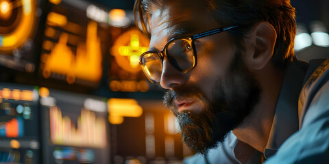 Photo Bearded Man Monitoring Multiple Screens Data Analysis