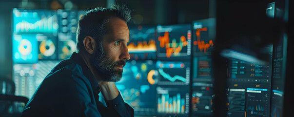 Obraz premium Photo Bearded Man Analyzes Data on Multiple Screens in Dark Room