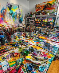 Fototapeta premium A messy art studio with paintbrushes, paints, and palettes.