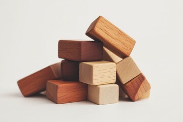 Wood toy bricks stacked in various playful arrangements