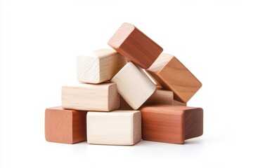 Wood toy bricks stacked in various playful arrangements