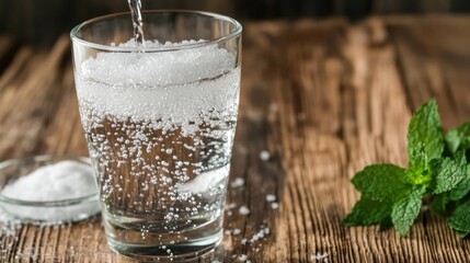 Close-Up of Fizzy Water in a Glass with Mint Leaves