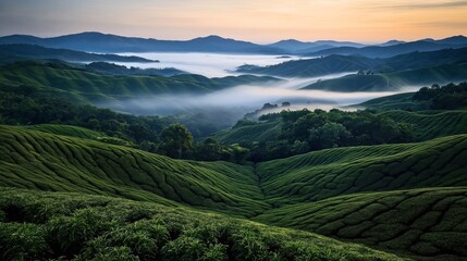 Fototapeta premium Expansive green tea plantation landscape with mist covering rolling hills at sunrise, creating a tranquil and serene natural scene.