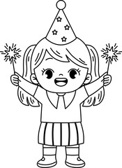 kid holding sparkler outline coloring new year