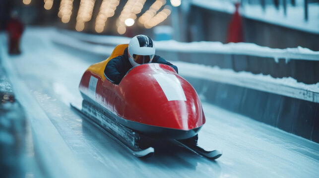 Skeleton racer is sliding down the ice track during training