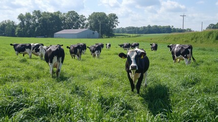 A cow farm with several cows walking in a grassy field during the morning with sunlight.