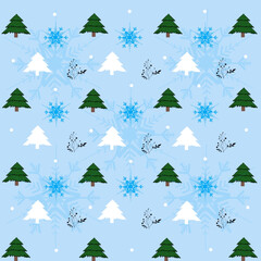 Seamless pattern of pine tree, snowflakes in the winter christmas in blue background 
