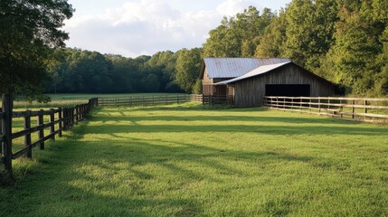 Obraz premium A cow pen on a livestock farm in a grassy field, peaceful and without people.