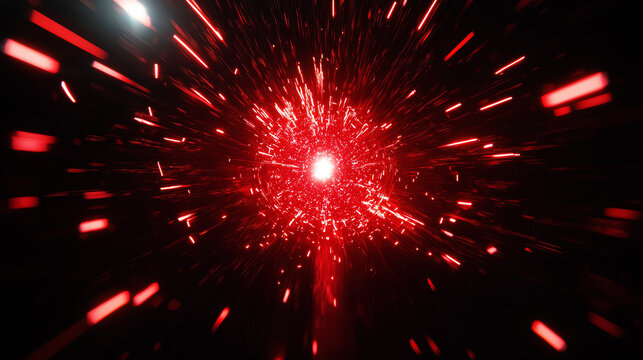 A red explosion in space with a bright light in the center