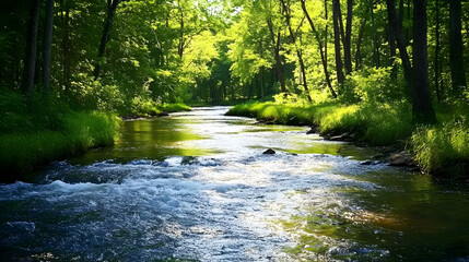 Obraz premium A tranquil forest stream flows through a lush, green canopy.