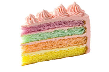 Delicious slice of colorful rainbow cake with pink frosting on top. Perfect for celebrating birthdays and special occasions with a sweet treat.