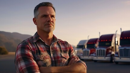 Fototapeta premium Confident truck driver stands proudly with crossed arms as three red semi-trucks are lined up behind him at sunset.
