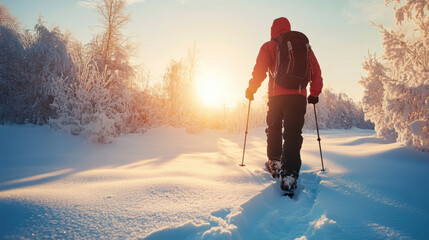 Hiker snowshoeing in winter wonderland at sunset exploring snowy landscape
