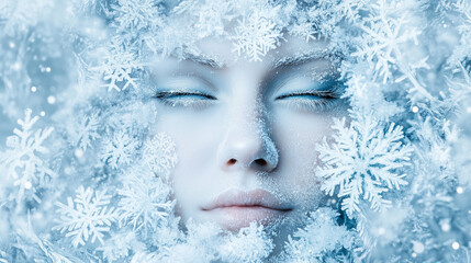 serene, icy portrait of a woman's face covered in delicate snowflakes, evoking a wintery, frosty atmosphere of calm and stillness.