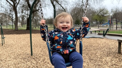Happy toddler swings joyfully at the park on a cloudy day, enjoying outdoor playtime and fresh air in a family-friendly environment