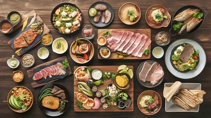 Photo, Food Variety, Gourmet Dishes on Wooden Table