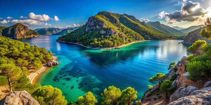 Panoramic View of Sarsala Bay in Dalaman, Turkey: Stunning Turquoise Waters, Lush Greenery, and Serene Landscape Captured in a Breathtaking Wide-Angle Shot