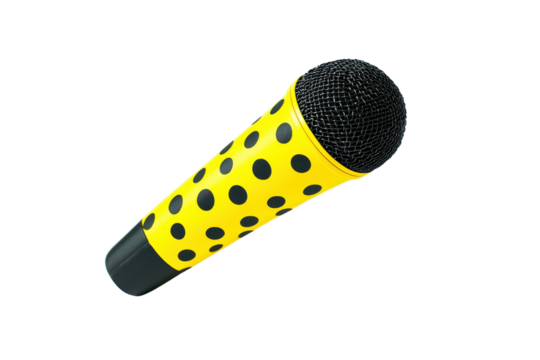 Vibrant yellow microphone with black polka dots, ideal for creative presentations, performances, and adding a fun touch to audio projects.