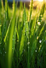 Obraz premium close lush green grass glittering dew drops capturing high detail vibrant nature elements, droplets, macro, water, leaf, plant, outdoor, texture, growth