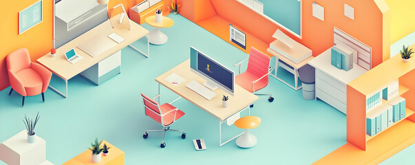 Obraz premium 3D Illustration Office Workspace Desk Computer Chair Design Interior Modern