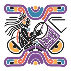 Fototapeta premium logo with a symmetrical design of an indigenous drummer playing a Bush Drum. abstract art colorful