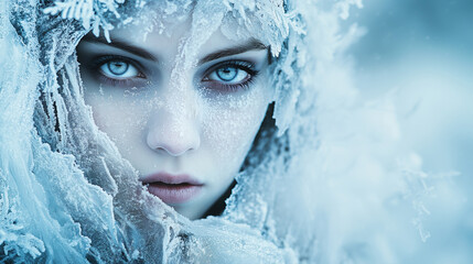 Close-up of an ethereal woman with ice crystals on her face, exuding winter beauty and mystery in a frosty, enchanting atmosphere.