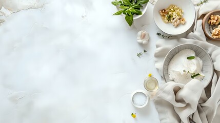 White Tabletop Still Life with Food and Herbs